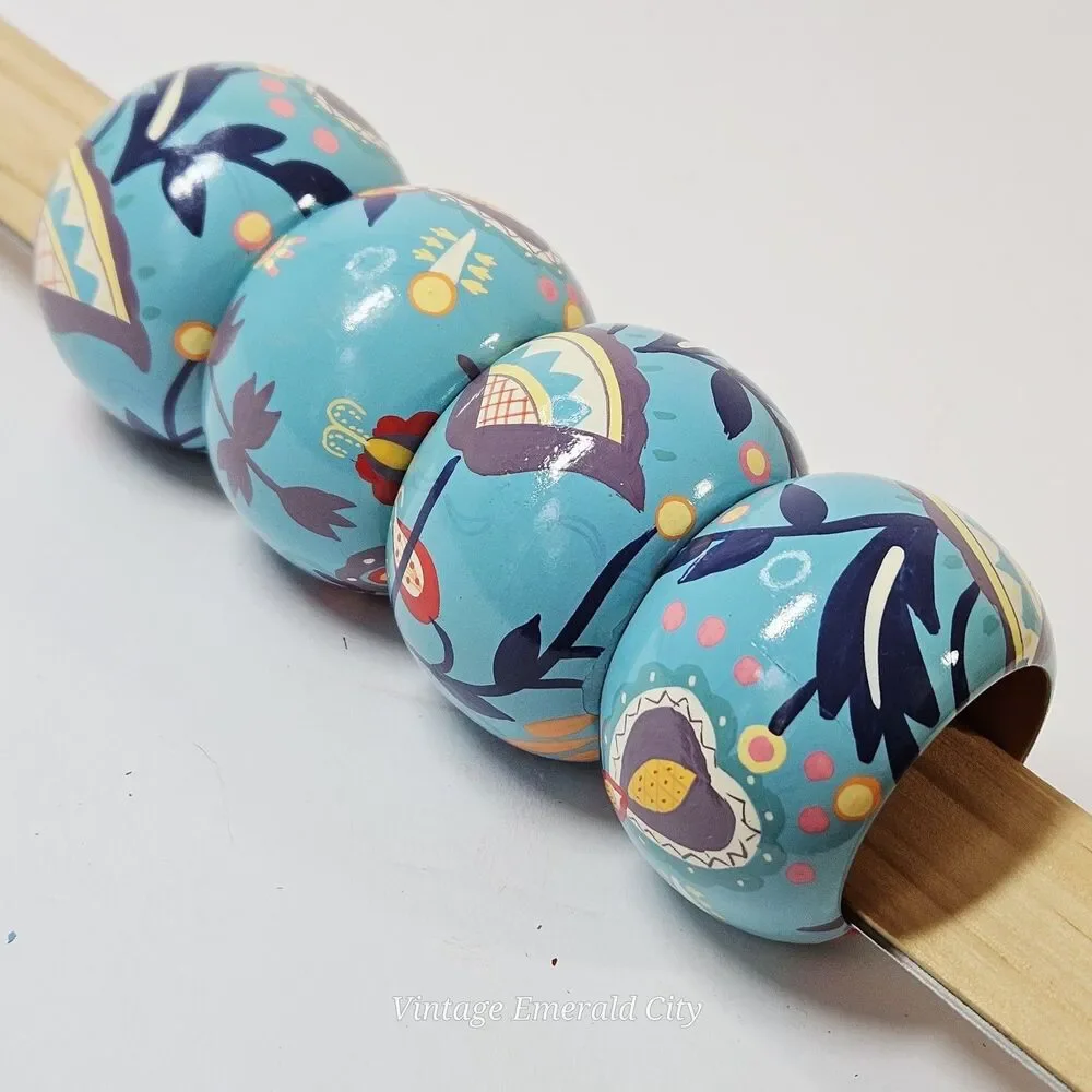 Vtg Set of 4 Wooden Hand Painted Bohemian blue/teal Floral Napkin Rings Spring